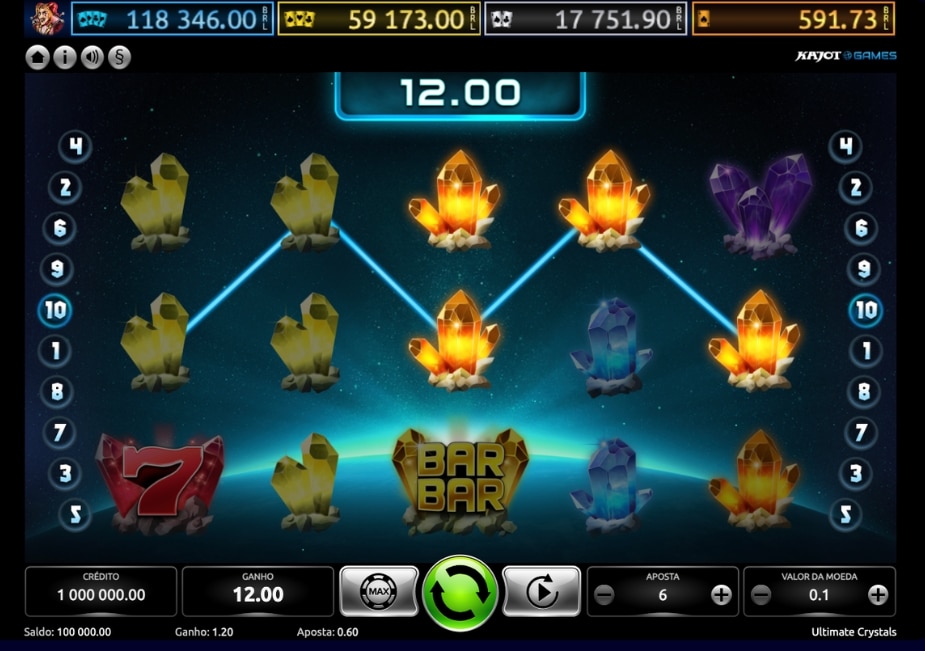 Tela do slot Ultimate Crystals da Kajot Games com cristais coloridos, símbolo BAR, sete vermelho e linhas de pagamento no tema espacial.