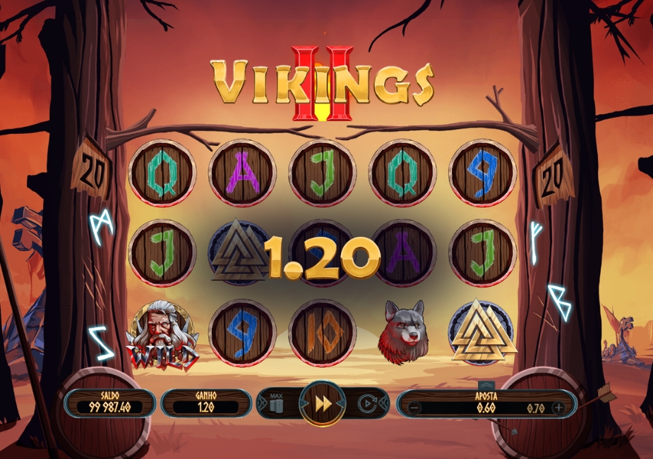 Tela do slot Vikings II da Kajot Games com símbolos rúnicos, lobo, WILD e cenário inspirado na mitologia nórdica.