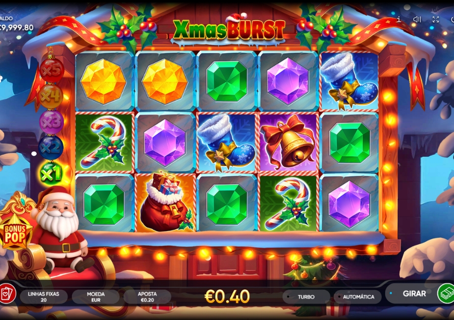 Tela do slot Xmas Burst com Papai Noel, pedras preciosas e símbolos natalinos nos rolos.