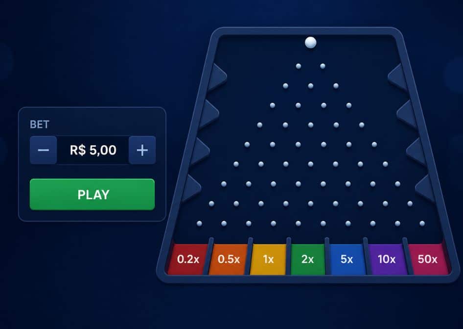 Interface do jogo Plinko com valor de aposta de R$ 5,00 e botões de mais e menos.