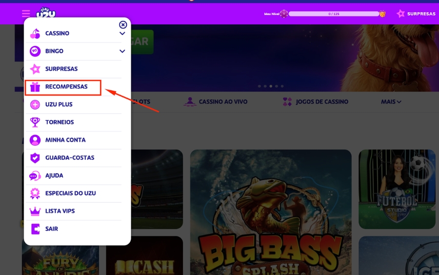 Área de Recompensas da PlayUZU onde a Roleta PlayUZU aparece quando há giro disponível
