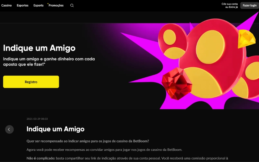 Página da seção Indique um Amigo da BetBoom, onde o usuário pode acessar o programa de indicação e compartilhar seu link exclusivo.