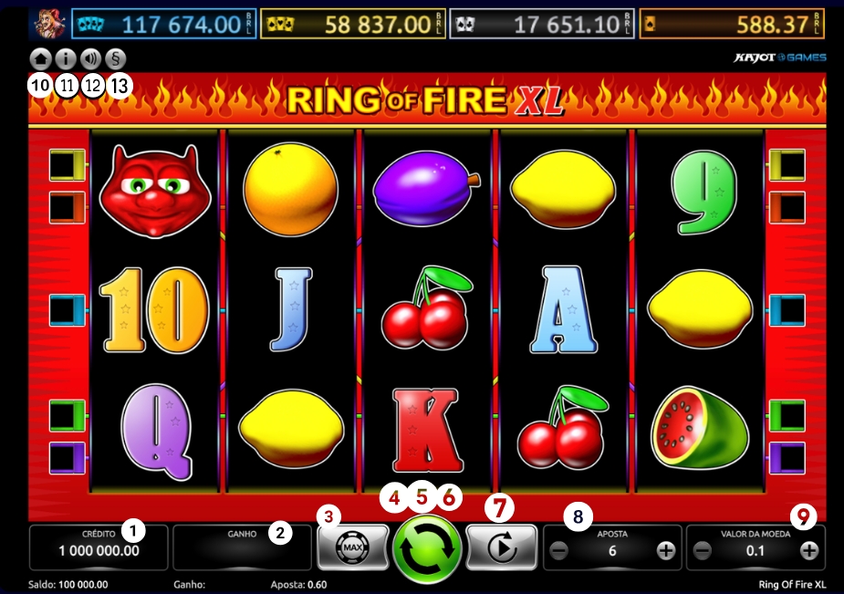 Tela explicativa do slot Ring of Fire XL mostrando os principais botões da interface, como saldo, aposta, valor da moeda, girar e jogo automático.