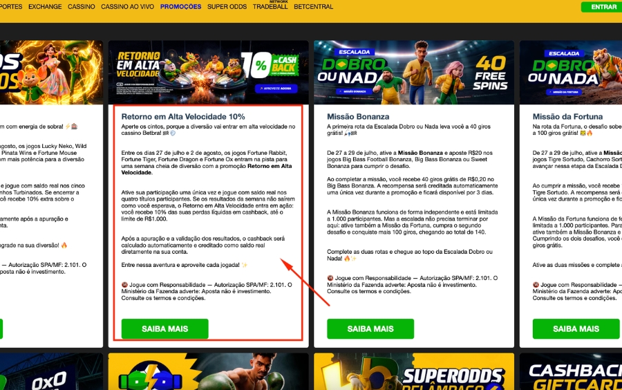 Página da promoção Retorno em Alta Velocidade da BetBra com as regras do cashback.