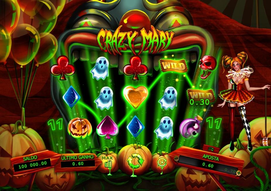 Tela do slot Crazy Mary da Kajot Games com tema de Halloween, símbolos de fantasmas, abóboras, WILD e interface em português.