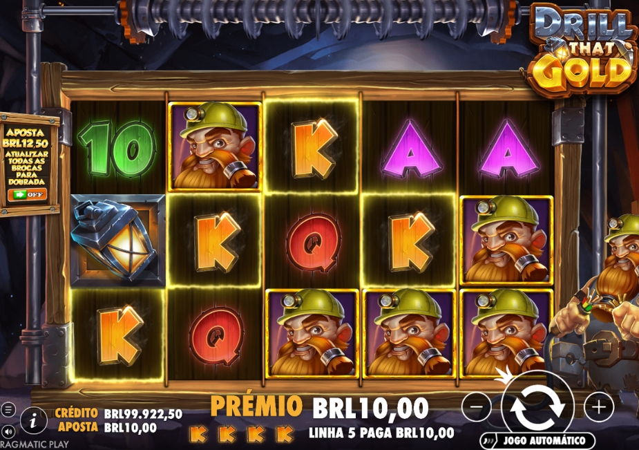 Tela do slot Drill That Gold da Pragmatic Play com símbolos de minerador, cartas, lâmpada de mina, broca e interface em BRL.