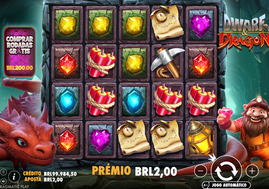 Tela do slot Dwarf & Dragon da Pragmatic Play com símbolos de pedras preciosas, dinamite, picareta, mapa, lanterna, dragão e anão.