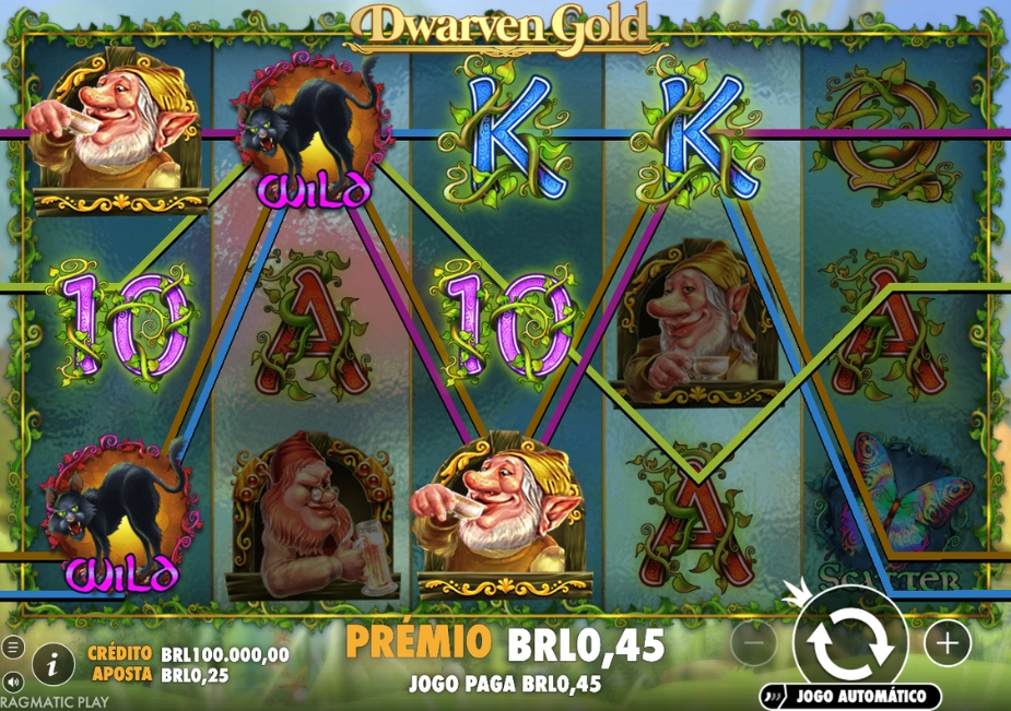 Tela do slot Dwarven Gold da Pragmatic Play com símbolos de anões, gato WILD, cartas, Scatter e interface em BRL.