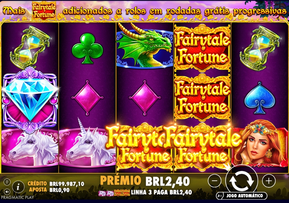 Tela do slot Fairytale Fortune da Pragmatic Play com símbolos de unicórnio, dragão, princesa, diamante e rodadas grátis progressivas.