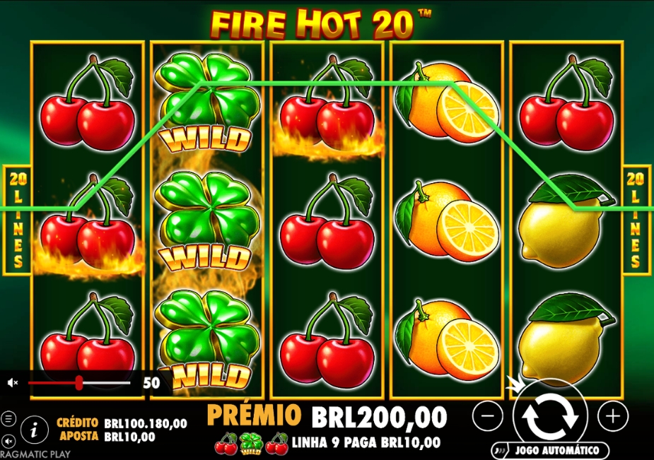 Tela do slot Fire Hot 20 da Pragmatic Play com símbolos de frutas, WILD, chamas e prêmio em BRL.