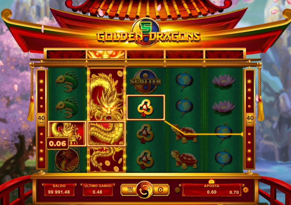Tela do slot Golden Dragons 5 da Bellot com dragão dourado, símbolo SCATTER, tema oriental e interface em português.
