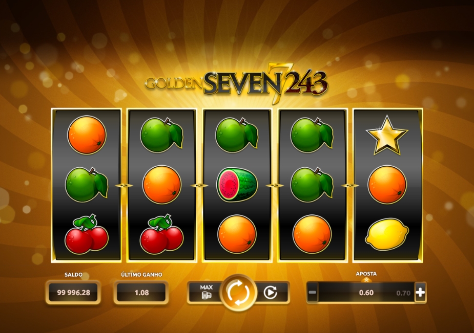 Tela do slot Golden Seven 243 da Bellot com símbolos de frutas, estrela dourada, rolos clássicos e interface em português.