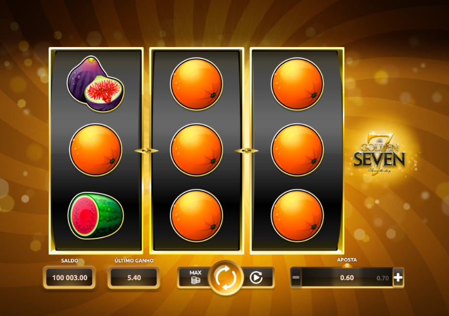 Tela do slot Golden Seven da Kajot Games com símbolos de frutas, rolos clássicos e interface em português.