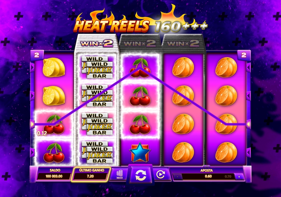 Tela do slot Heat Reels 160+++ da Bellot com símbolos de frutas, WILD/Joker/BAR, multiplicador x2 e visual roxo.