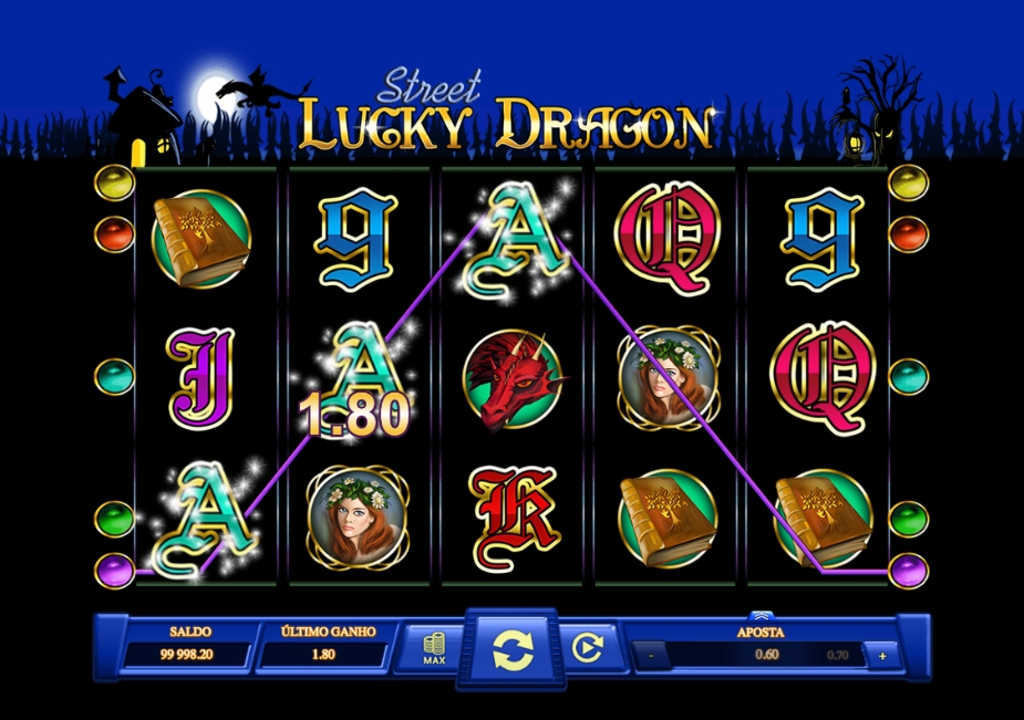 Tela do slot Lucky Dragon Street da Kajot Games com símbolos de dragão, livro, personagem feminina, letras e interface em português.