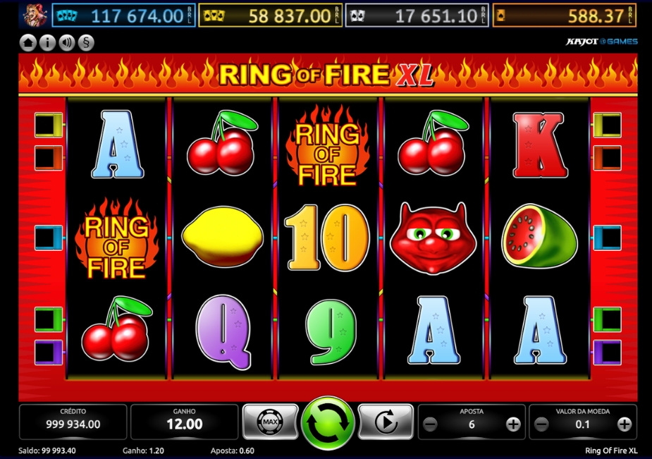 Tela do slot Ring of Fire XL da Kajot Games com símbolos de frutas, Ring of Fire, diabo WILD e interface em português.