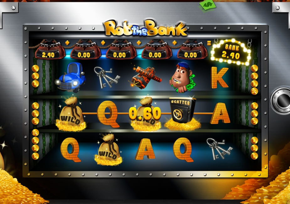 Tela do slot Rob The Bank da Bellot com símbolos de dinheiro, cofre, WILD, SCATTER e painel de banco acumulado.