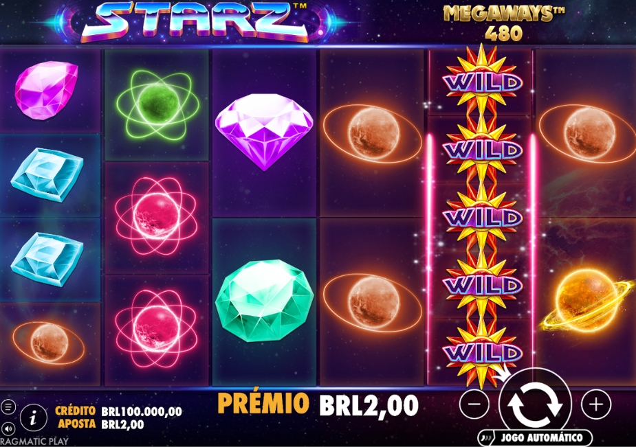 Tela do slot Starz Megaways da Pragmatic Play com símbolos de planetas, gemas coloridas, WILDs empilhados e interface em BRL.