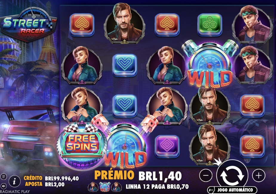 Tela do slot Street Racer da Pragmatic Play com símbolos de pilotos, WILD, Free Spins, tema de corrida urbana e interface em BRL.