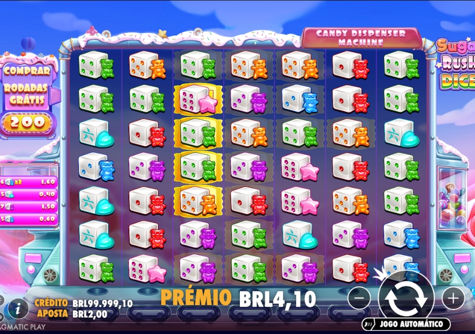 Tela do slot Sugar Rush Dice da Pragmatic Play com dados coloridos, ursinhos de goma, símbolos especiais e interface em BRL.