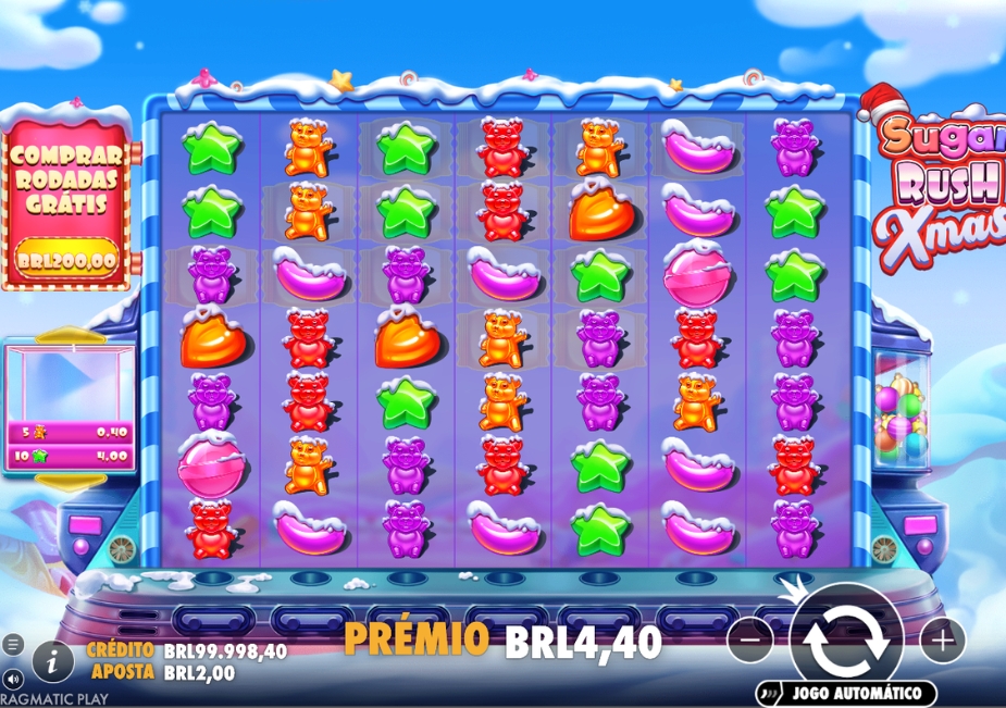 Tela do slot Sugar Rush Xmas da Pragmatic Play com símbolos de doces, ursinhos de goma, neve, opção Comprar Rodadas Grátis e interface em BRL.