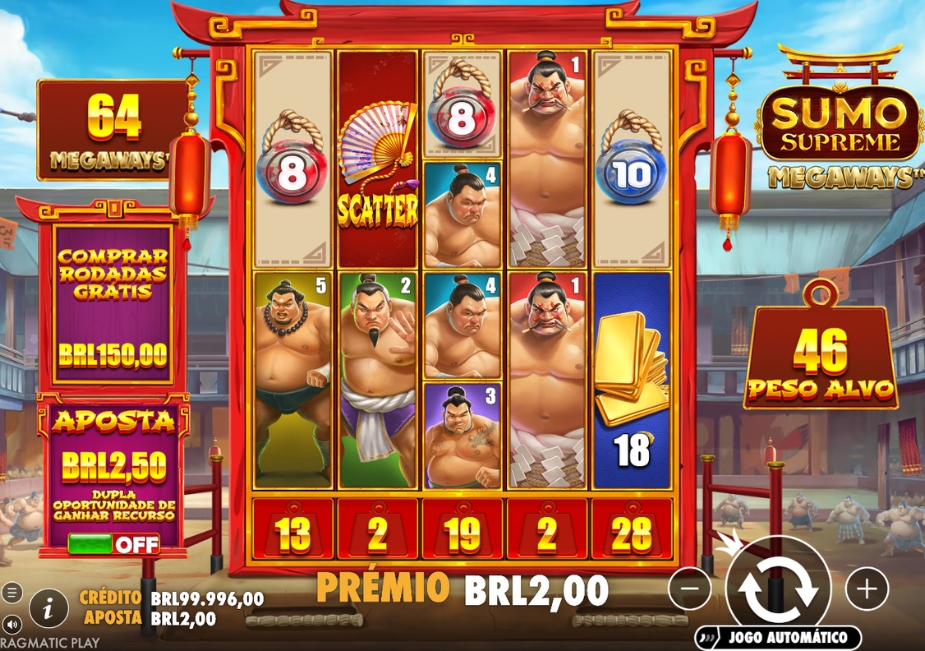 Tela do slot Sumo Supreme Megaways com lutadores de sumô, símbolo Scatter e recurso Peso Alvo.