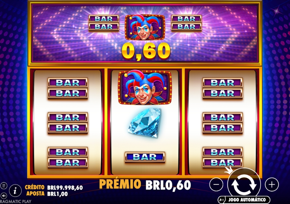 Tela do slot Super Joker com símbolos BAR, diamante azul e Joker WILD nos três rolos.