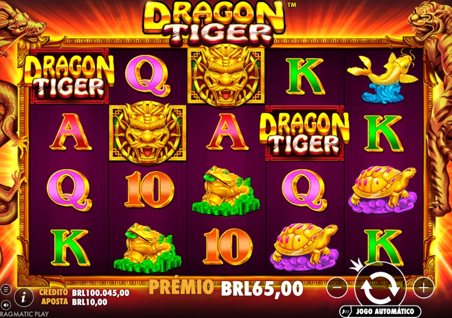 Tela do slot The Dragon Tiger da Pragmatic Play com símbolos de dragão, tigre, animais dourados, letras e prêmio em BRL.
