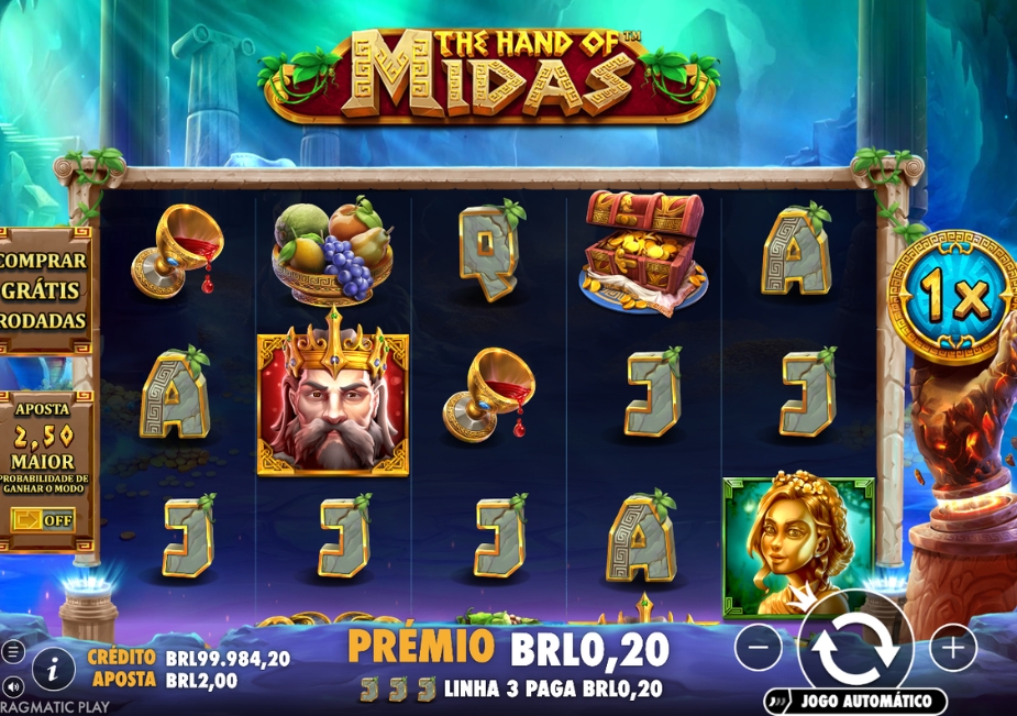 Tela do slot The Hand of Midas com Rei Midas, sua filha, baú de ouro, frutas e cálice dourado.