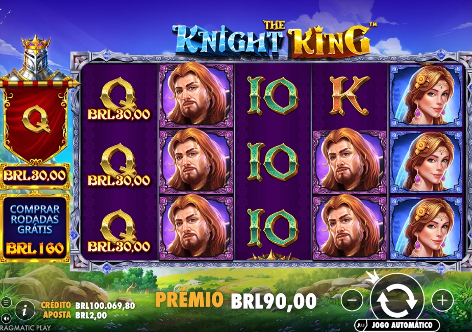 Tela do slot The Knight King com símbolos de príncipe, princesa e valores de cartas em estilo medieval.
