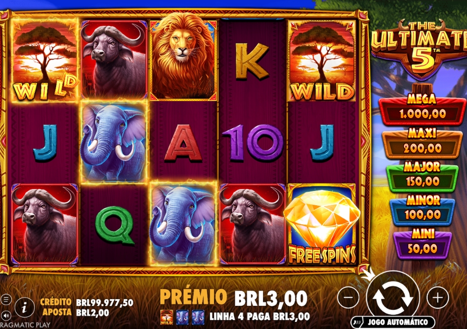 Tela do slot The Ultimate 5 com símbolos de leão, elefante, bisão, WILD e Giros Grátis.