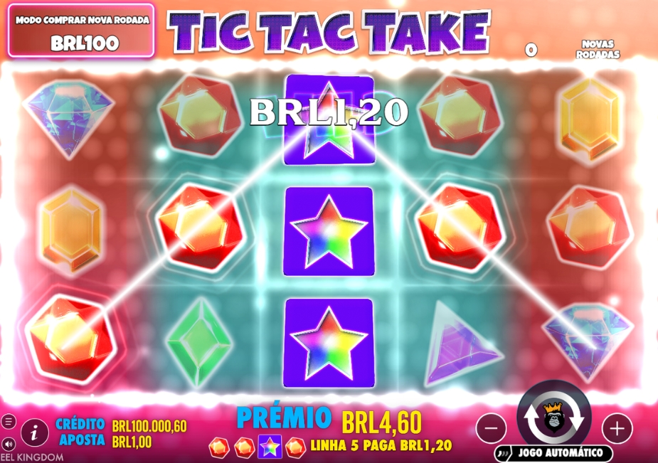 Tela do slot Tic Tac Take com símbolos geométricos coloridos e três estrelas alinhadas durante um ganho de BRL 1,20.