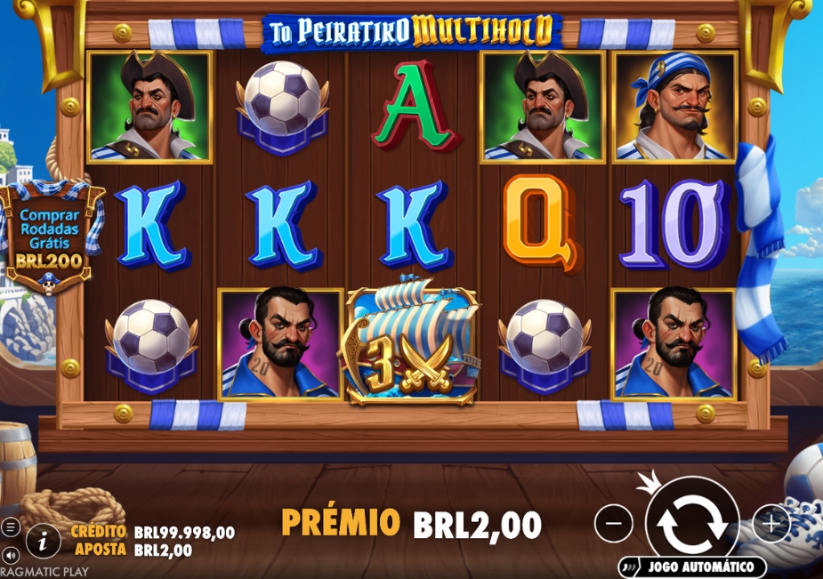 Tela do slot To Peiratiko Multihold com personagens piratas, bolas de futebol, símbolos de cartas e um navio pirata.