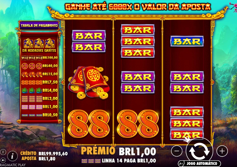 Tela do slot Treasure Horse com símbolos BAR, número 88, sino dourado e tabela de pagamentos dos Giros Grát