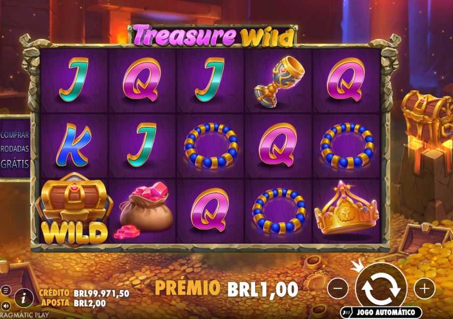 Tela do slot Treasure Wild com símbolos de cartas, joias, cálice dourado, pulseiras e um baú de tesouro WILD.