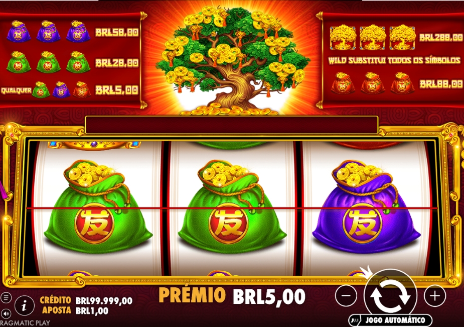 Tela do slot Tree of Riches com três rolos, sacos de moedas verdes e roxos e prêmio de R$ 5.