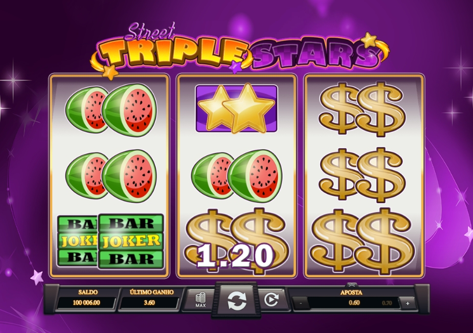 Tela do slot Triple Stars Street da Kajot Games com símbolos de melancia, estrelas, cifrões, BAR/Joker e visual roxo estrelado.