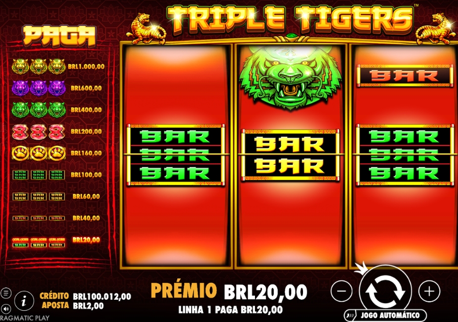 Tela do slot Triple Tigers com três rolos, símbolos BAR e um tigre verde, mostrando prêmio de R$ 20,00.