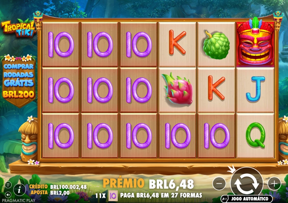 Tela do slot Tropical Tiki com vários símbolos 10 alinhados, máscaras tiki, frutas tropicais e prêmio de R$ 6,48.