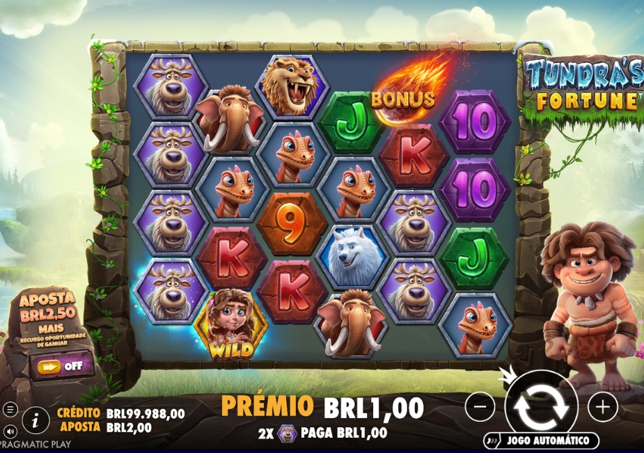 Tela do slot Tundra’s Fortune™ com grade hexagonal, símbolos de animais pré-históricos, letras e números, além de prêmio de R$ 1,00.
