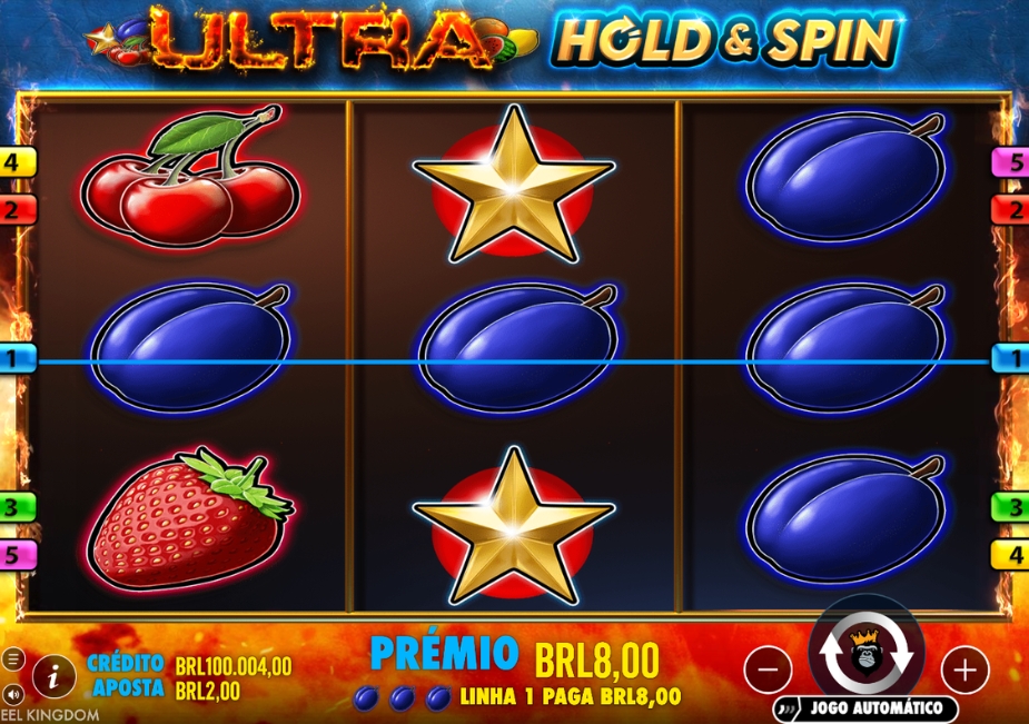 Tela do slot Ultra Hold and Spin™ com grade 3×3, símbolos de cerejas, ameixas, morango e estrelas, além de um prêmio de R$ 8,00.