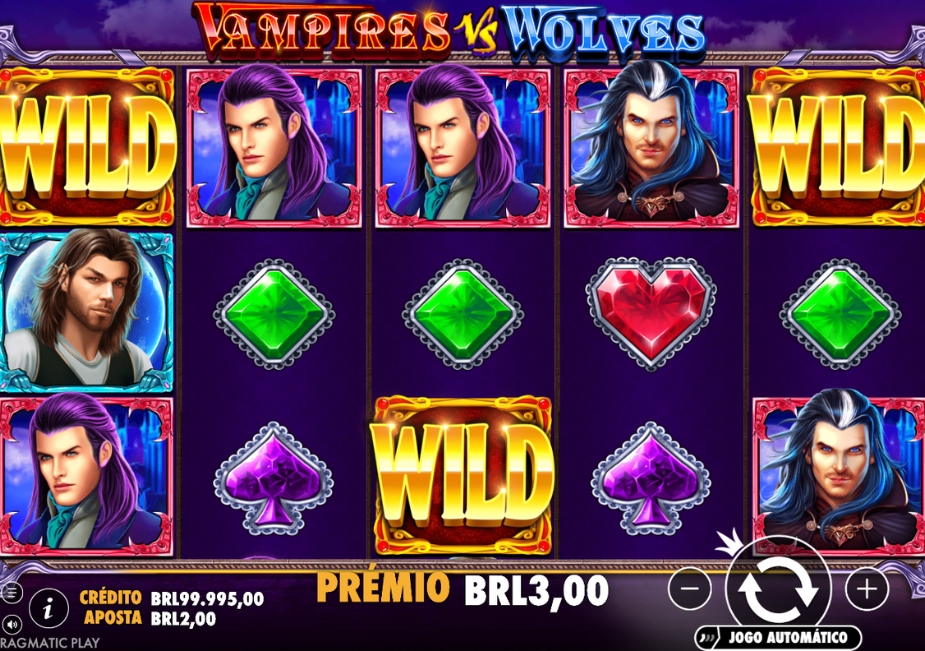 Tela do slot Vampires vs Wolves™ com grade de 5×3, símbolos de vampiros, lobisomens, pedras preciosas e WILDs, além de prêmio de R$ 3,00.