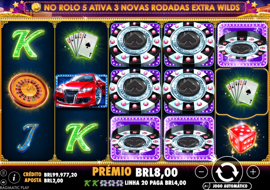 Tela do slot Vegas Nights com cinco rolos, símbolos de fichas de cassino, cartas, carro esportivo, roleta e dado, além de um prêmio de R$ 8.