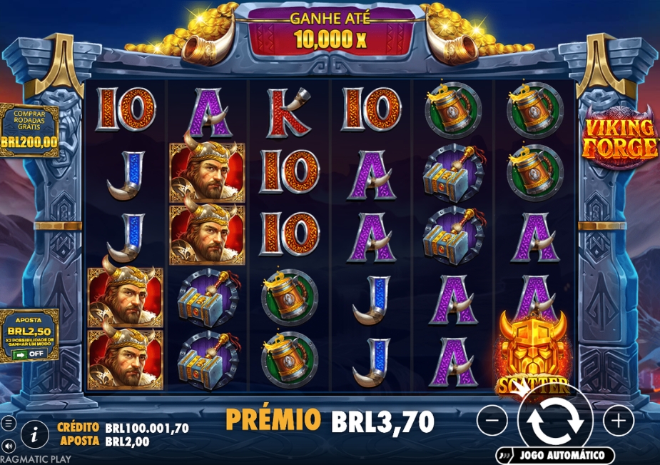 Tela do slot Viking Forge com seis rolos, símbolos de guerreiros vikings, martelos, canecas e cartas, além de um prêmio de R$ 3,70.