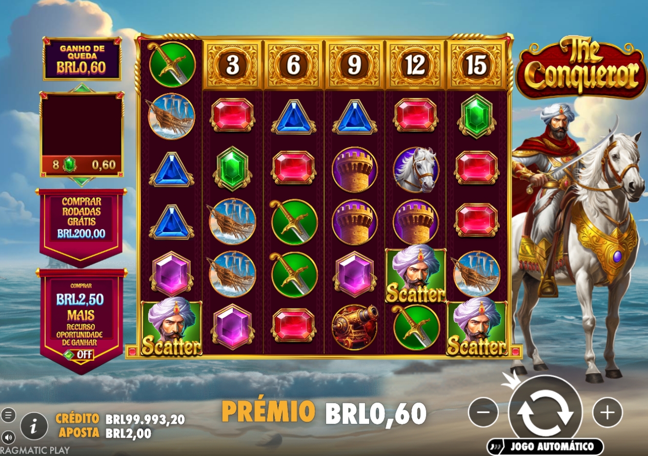 Tela do slot The Conqueror com seis rolos, símbolos medievais, pedras preciosas e três símbolos Scatter.