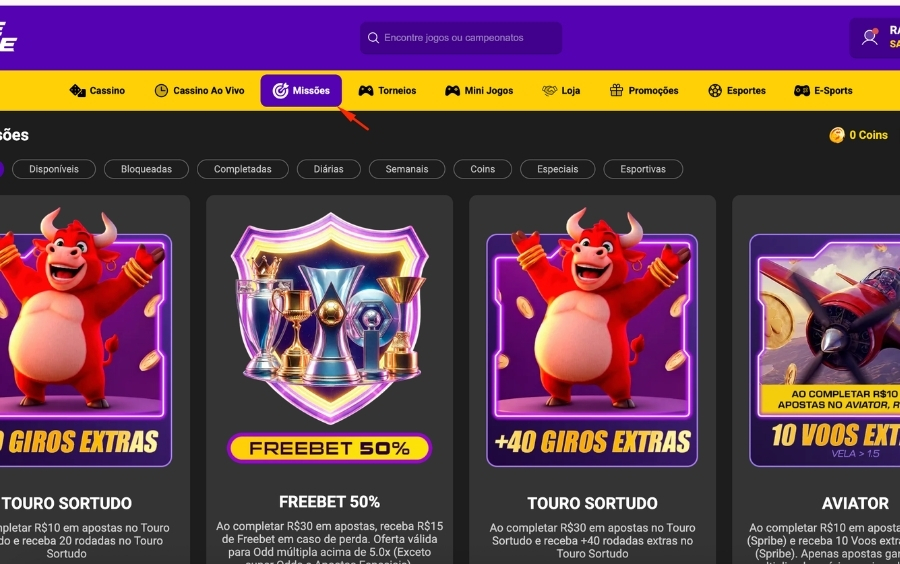 Área de Missões usada para verificar se o bônus Fortune Snake Lance de Sorte está disponível na conta.