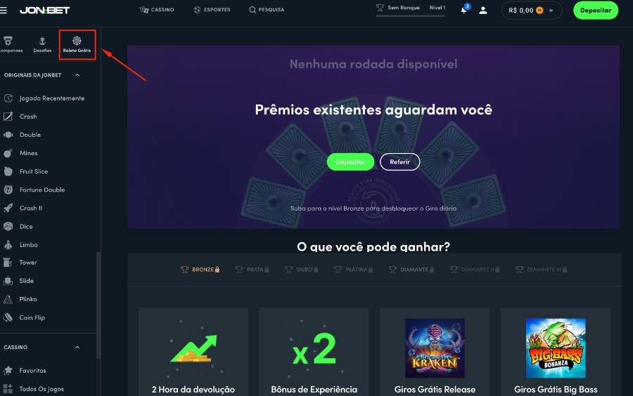 Página da Roleta Grátis JonBet com o Giro Diário e os prêmios disponíveis.