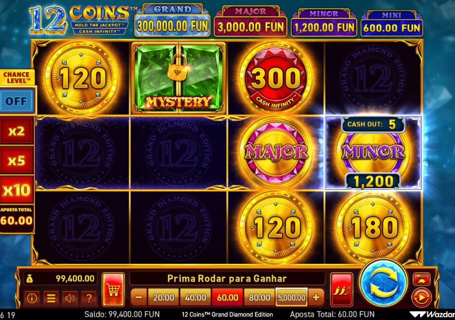 Tela do slot 12 Coins Grand Diamond Edition com símbolos Cash, Mystery, Cash Infinity e jackpots Major e Minor na grade.