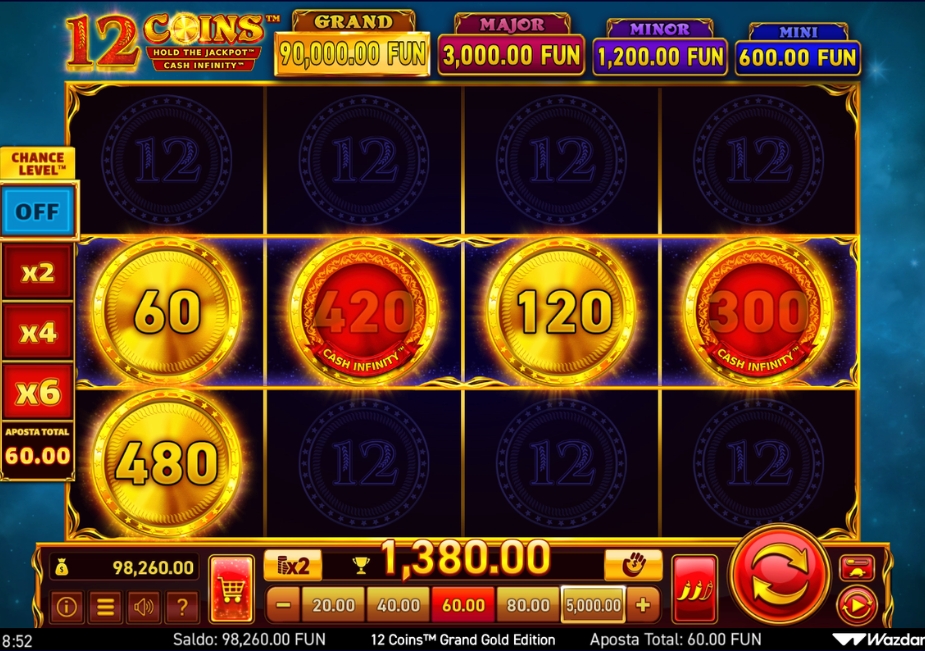 Tela do slot 12 Coins Grand Gold Edition com símbolos Cash e Cash Infinity e valores dos jackpots Grand, Major, Minor e Mini.