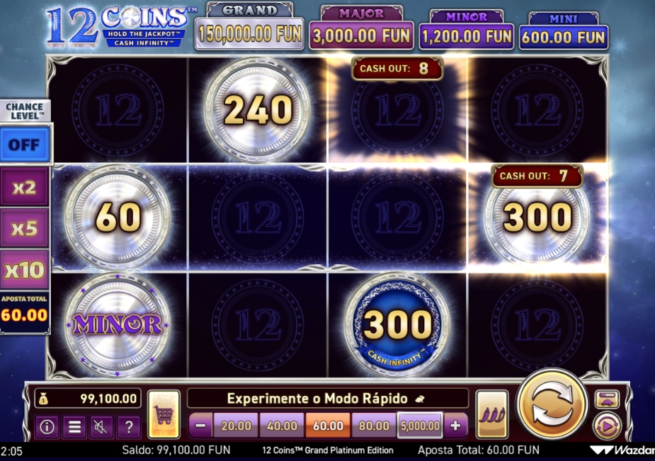 Tela do slot 12 Coins Grand Platinum Edition com grade 4x3, marcadores Cash Out, símbolos Cash e Cash Infinity, jackpot MINOR e níveis de Chance Level.